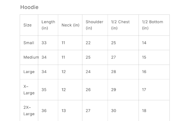 Hoodies Size Guide