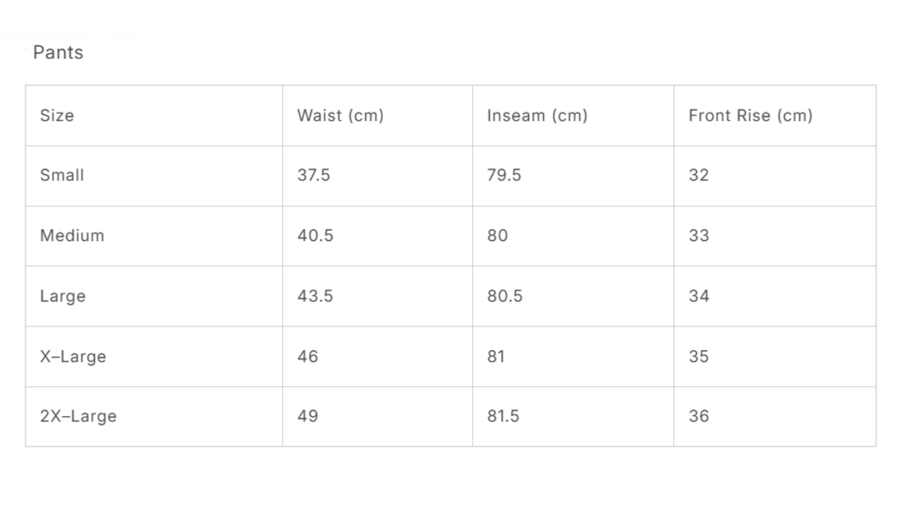 Sweatpants Size Guide